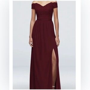David’s Bridal Elegant Burgundy Off The Shoulder Lace Dress New Without Tag
